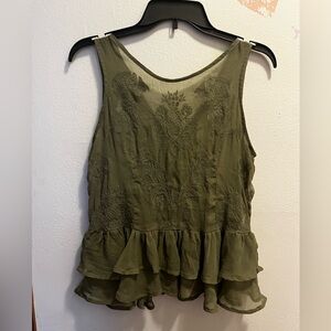 Guess Olive Embroidered Ruffle Sheer Tank Peplum Blouse Size Medium